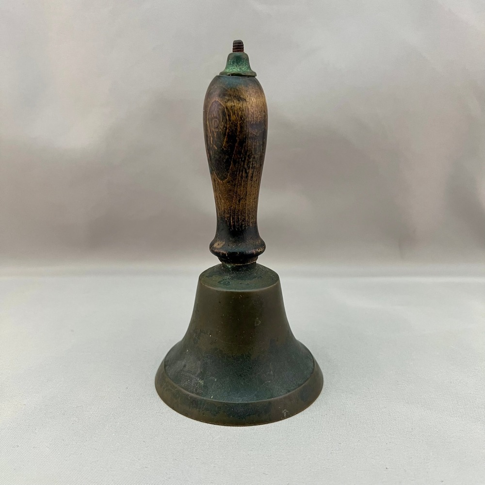 Antique Hand Bell Wood Handle Brass Schoolhouse Bronze Fair Primitive Vintage